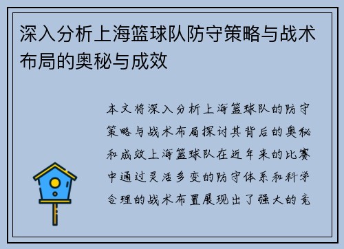 深入分析上海篮球队防守策略与战术布局的奥秘与成效