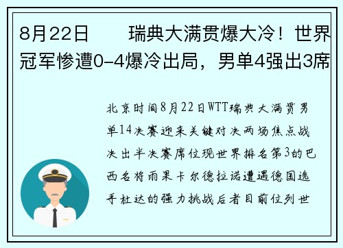 8月22日​​瑞典大满贯爆大冷！世界冠军惨遭0-4爆冷出局，男单4强出3席！